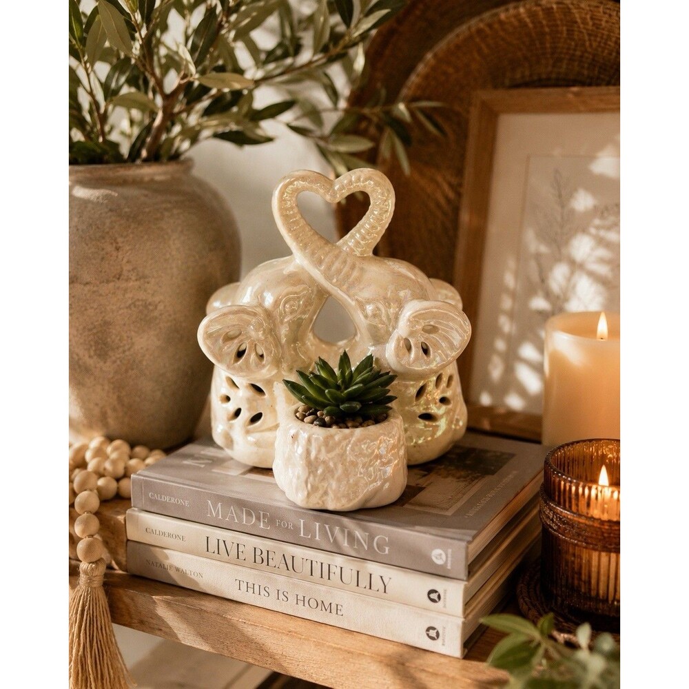 Ceramic Double Elephant Planter Faux Succulent Heart Trunk Pearlized Decor